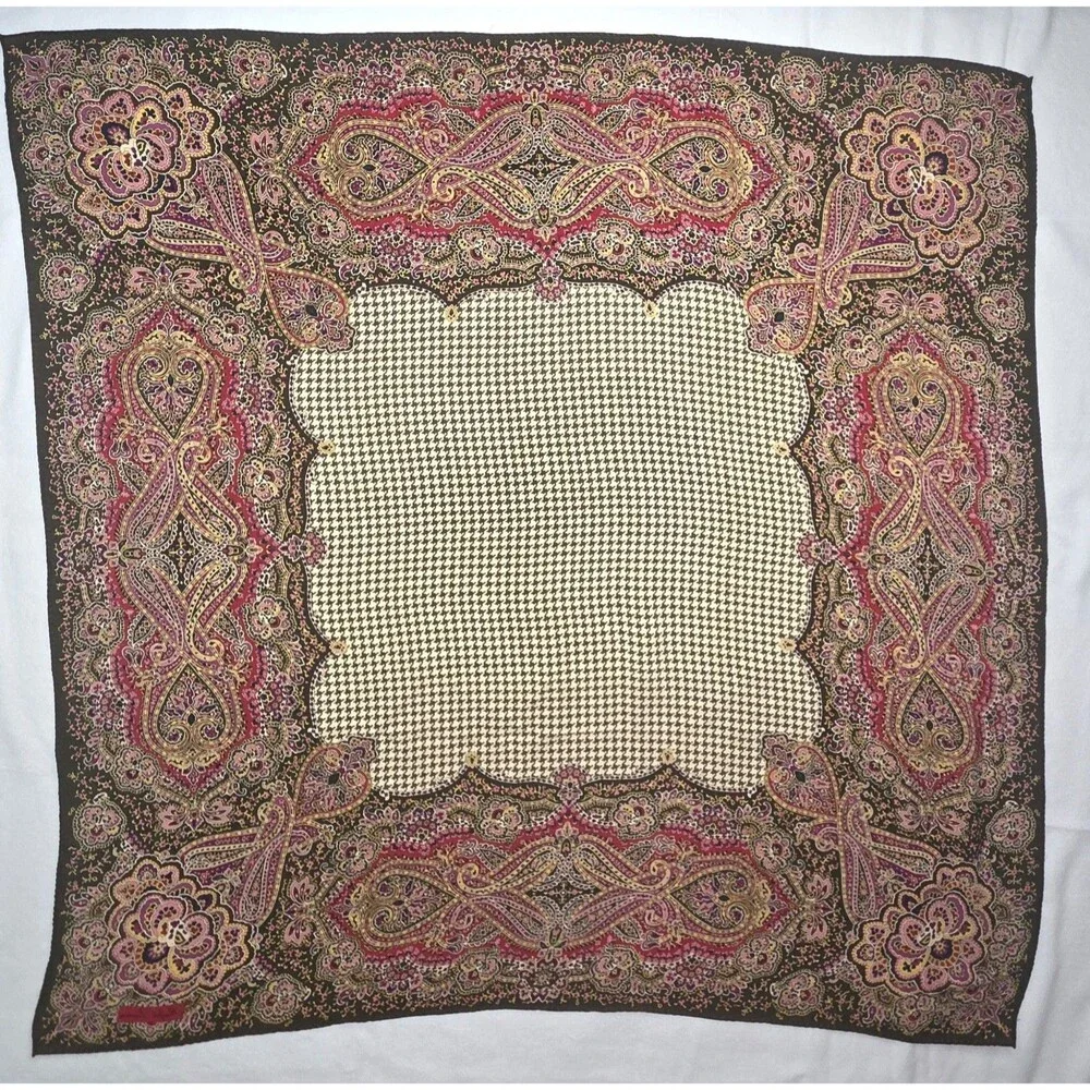 Ralph Lauren Paisley & Houndstooth Check Silk Scarf Olive Green & Magenta 32x32